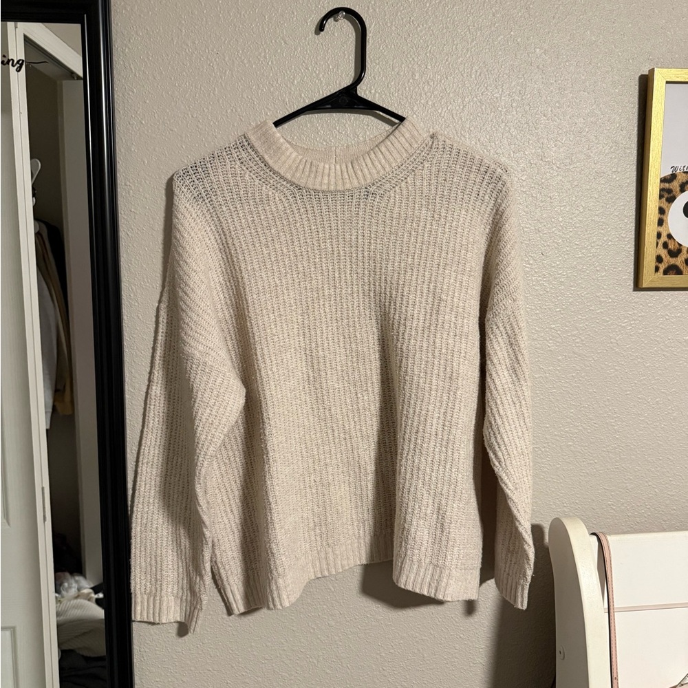 American Eagle Outfitters Cream Ribbed Crewneck Sweater